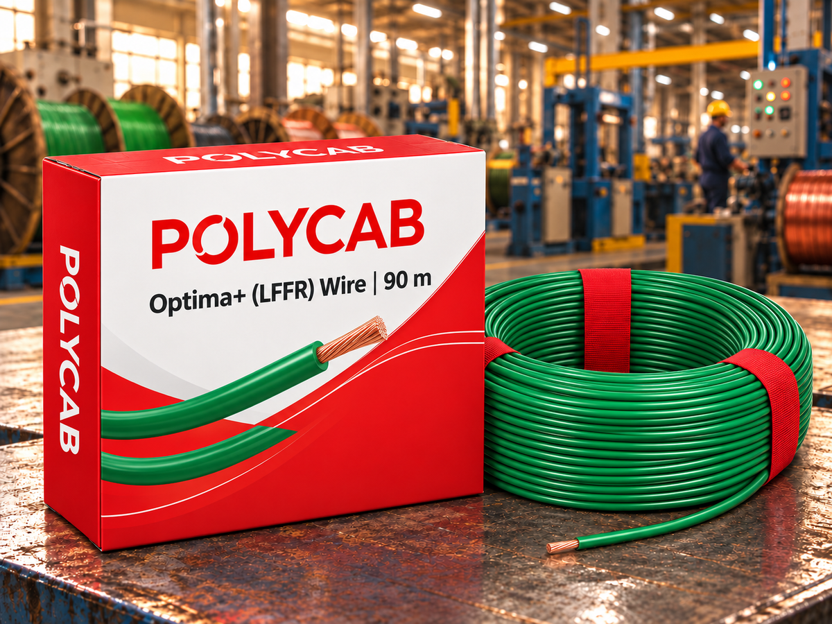 Polycab Optima+ (LFFR) Wire – 90 m – AI promotional illustration with illustrative packaging