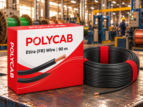 Polycab Etira (FR) Wire – 90 m – AI promotional illustration with illustrative packaging
