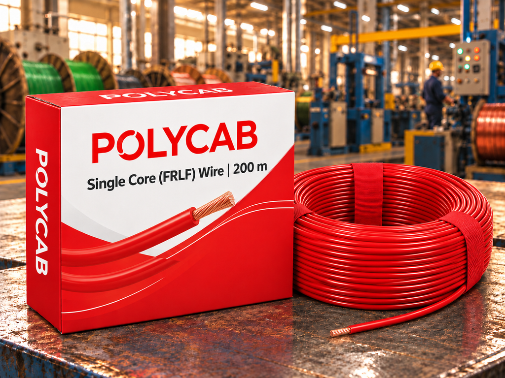 Polycab Single Core (FRLF) Wire – 200 m – AI promotional illustration with illustrative packaging