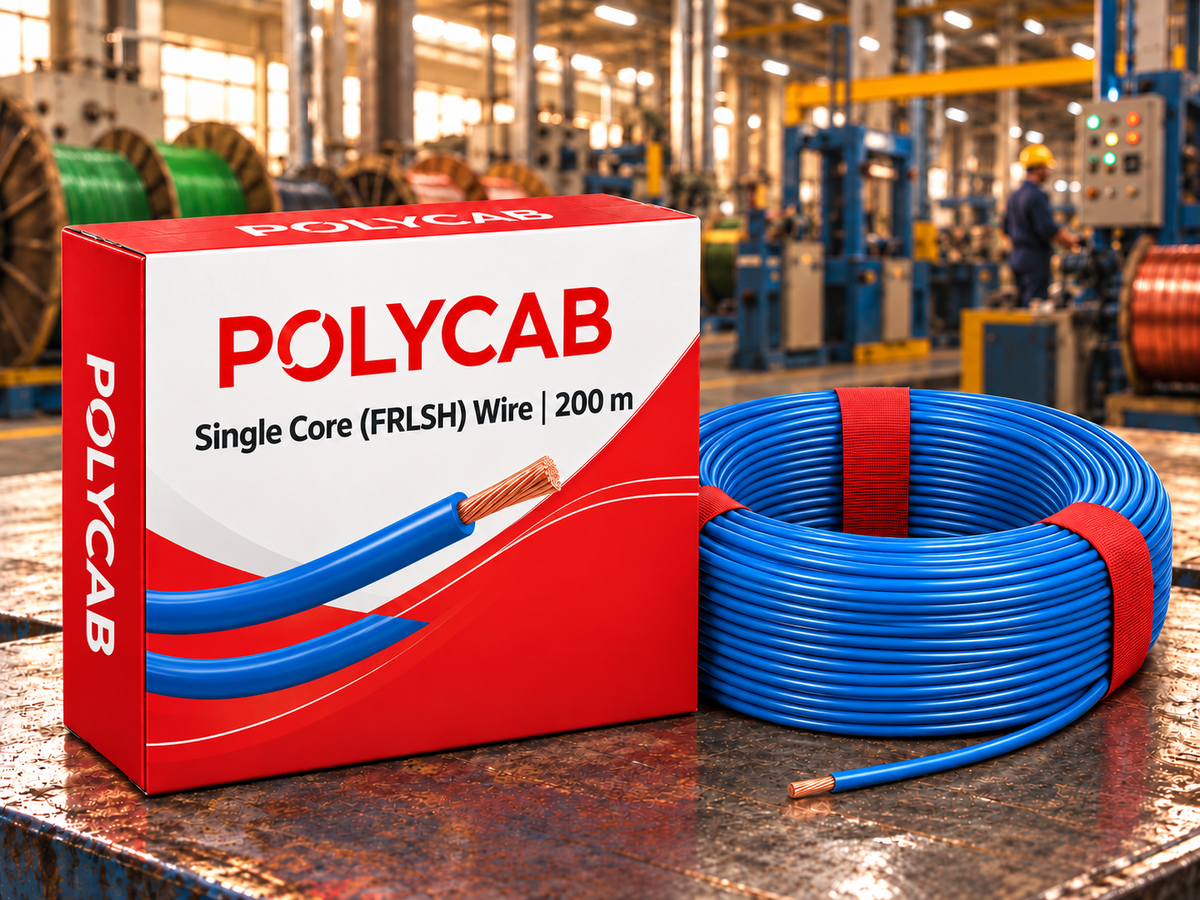 Polycab Single Core (FRLSH) Wire – 200 m – AI promotional illustration with illustrative packaging