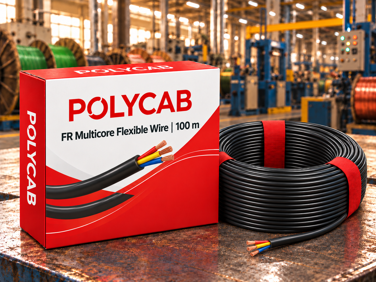 Polycab FR Multicore Flexible Wire – 100 m – AI promotional illustration with illustrative packaging